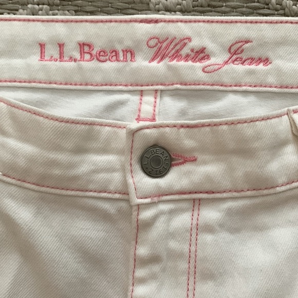 L.L. Bean White Jeans: Pink Stitching accents, Ribbon belt, Bootcut & Wider Leg - Picture 3 of 12